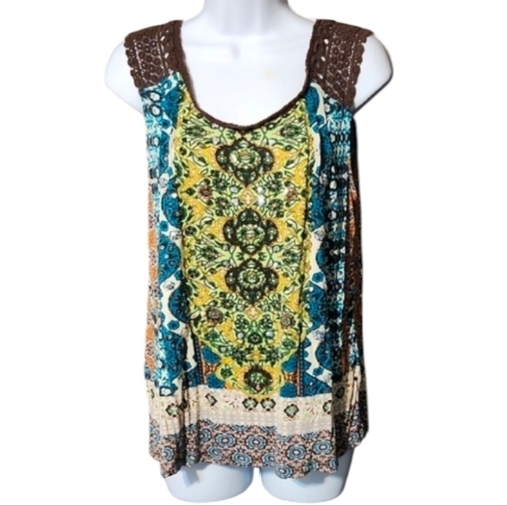 Bila Vibrant Crochet Sleeveless Top with Blue and Yellow Patterns